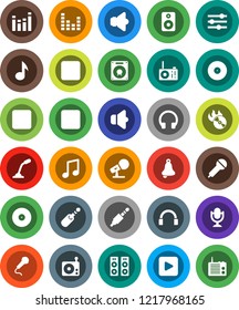 White Solid Icon Set- bell vector, music, disk, hit, microphone, radio, speaker, equalizer, headphones, play button, forward, backward, rec, jack