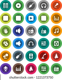 White Solid Icon Set- bell vector, music, disk, hit, microphone, radio, speaker, equalizer, headphones, play button, forward, backward, rec, jack