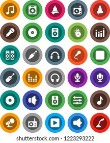 White Solid Icon Set- bell vector, music, disk, hit, microphone, radio, speaker, equalizer, headphones, play button, forward, jack