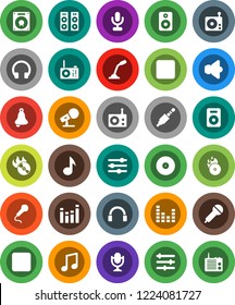 White Solid Icon Set- bell vector, music, disk, hit, microphone, radio, speaker, equalizer, headphones, forward button, backward, jack