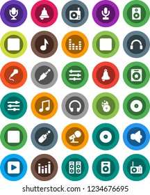 White Solid Icon Set- bell vector, music, disk, hit, microphone, radio, speaker, equalizer, headphones, play button, forward, backward, rec, jack
