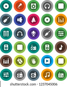 White Solid Icon Set- bell vector, music, disk, hit, radio, speaker, equalizer, microphone, headphones, play button, forward, backward, rec, jack