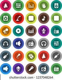 White Solid Icon Set- bell vector, music, disk, hit, microphone, radio, speaker, equalizer, headphones, backward button, rec, jack