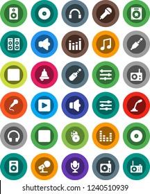 White Solid Icon Set- bell vector, music, disk, hit, microphone, radio, speaker, equalizer, headphones, play button, forward, rec, jack
