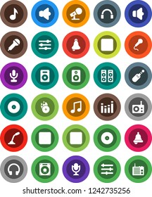 White Solid Icon Set- bell vector, music, disk, hit, microphone, radio, speaker, equalizer, headphones, forward button, backward, rec, jack