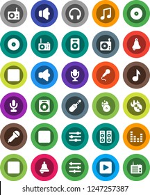 White Solid Icon Set- bell vector, music, disk, hit, microphone, radio, speaker, equalizer, headphones, play button, forward, backward, rec, jack