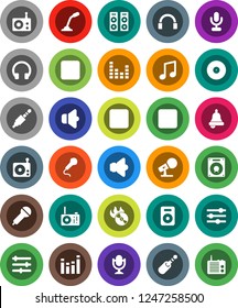 White Solid Icon Set- bell vector, music, disk, hit, microphone, radio, speaker, equalizer, headphones, forward button, backward, rec, jack