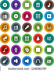 White Solid Icon Set- bell vector, music, disk, hit, microphone, radio, speaker, equalizer, headphones, play button, forward, backward, rec, jack