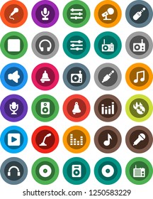 White Solid Icon Set- bell vector, music, disk, hit, microphone, radio, speaker, equalizer, headphones, play button, forward, jack