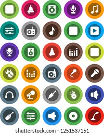 White Solid Icon Set- bell vector, music, disk, hit, microphone, radio, speaker, equalizer, headphones, play button, forward, backward, rec, jack