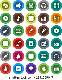 White Solid Icon Set- bell vector, music, disk, hit, microphone, radio, speaker, equalizer, headphones, play button, forward, backward, rec, jack
