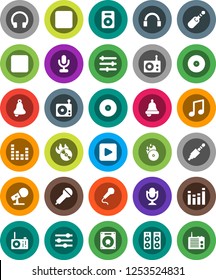 White Solid Icon Set- bell vector, music, disk, hit, microphone, radio, equalizer, headphones, speaker, play button, backward, rec, jack
