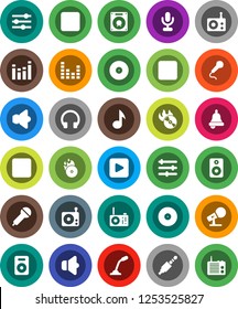 White Solid Icon Set- bell vector, music, disk, hit, microphone, radio, speaker, equalizer, headphones, play button, forward, backward, rec, jack