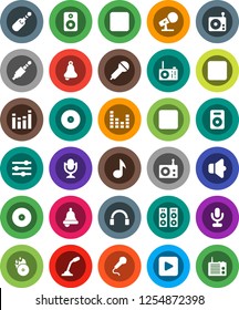 White Solid Icon Set- bell vector, music, disk, hit, microphone, radio, speaker, equalizer, headphones, play button, forward, backward, rec, jack