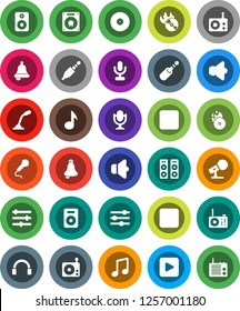 White Solid Icon Set- bell vector, music, disk, hit, microphone, radio, speaker, headphones, play button, backward, rec, jack, equalizer
