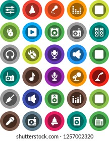 White Solid Icon Set- bell vector, music, hit, microphone, radio, speaker, equalizer, headphones, play button, forward, backward, rec, jack