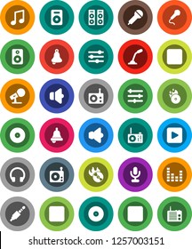 White Solid Icon Set- bell vector, music, disk, hit, microphone, radio, speaker, equalizer, headphones, play button, forward, backward, rec, jack