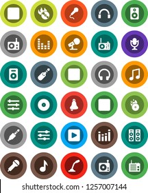 White Solid Icon Set- bell vector, music, disk, hit, microphone, radio, equalizer, headphones, speaker, play button, forward, backward, rec, jack