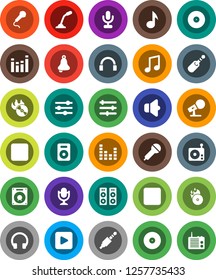 White Solid Icon Set- bell vector, music, disk, hit, microphone, radio, speaker, equalizer, headphones, play button, backward, rec, jack