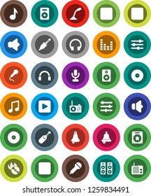 White Solid Icon Set- bell vector, music, disk, hit, microphone, speaker, equalizer, headphones, play button, forward, backward, rec, jack, radio