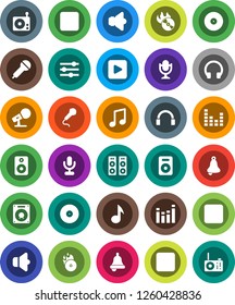 White Solid Icon Set- bell vector, music, disk, hit, microphone, radio, speaker, equalizer, headphones, play button, forward, backward, rec