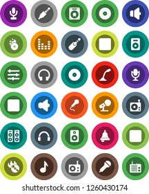 White Solid Icon Set- bell vector, music, disk, hit, microphone, radio, speaker, equalizer, headphones, forward button, backward, rec, jack