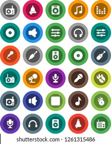 White Solid Icon Set- bell vector, music, disk, hit, microphone, radio, speaker, equalizer, headphones, backward button, jack