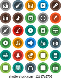 White Solid Icon Set- bell vector, music, disk, microphone, radio, speaker, equalizer, headphones, play button, forward, backward, rec, jack