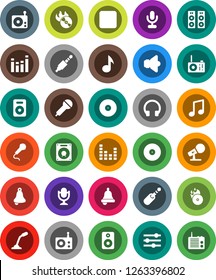 White Solid Icon Set- bell vector, music, disk, hit, microphone, radio, speaker, equalizer, headphones, rec button, jack