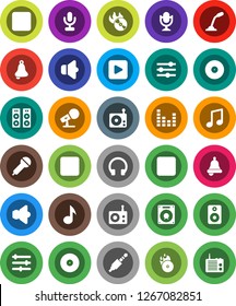 White Solid Icon Set- bell vector, music, disk, hit, microphone, radio, speaker, equalizer, headphones, play button, forward, backward, rec, jack