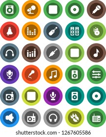 White Solid Icon Set- bell vector, music, disk, hit, microphone, radio, speaker, equalizer, headphones, forward button, backward, rec, jack
