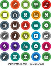 White Solid Icon Set- bell vector, music, disk, hit, radio, speaker, equalizer, microphone, headphones, play button, forward, backward, rec, jack