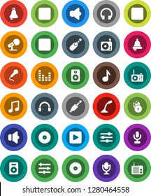 White Solid Icon Set- bell vector, music, disk, hit, microphone, radio, speaker, equalizer, headphones, play button, forward, backward, rec, jack