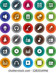 White Solid Icon Set- bell vector, music, disk, microphone, radio, speaker, equalizer, headphones, play button, forward, backward, rec, jack