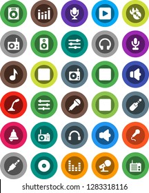 White Solid Icon Set- bell vector, music, disk, hit, microphone, radio, speaker, equalizer, headphones, play button, forward, backward, rec, jack