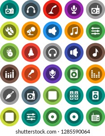 White Solid Icon Set- bell vector, music, disk, hit, microphone, radio, speaker, equalizer, headphones, backward button, rec, jack