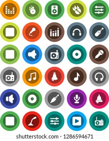 White Solid Icon Set- bell vector, music, disk, hit, microphone, radio, speaker, equalizer, headphones, play button, forward, backward, rec, jack