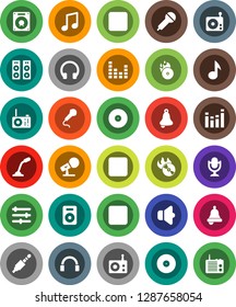 White Solid Icon Set- bell vector, music, disk, hit, microphone, radio, speaker, equalizer, headphones, forward button, backward, rec, jack