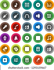 White Solid Icon Set- bell vector, music, disk, hit, microphone, radio, speaker, equalizer, headphones, play button, forward, rec, jack