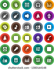 White Solid Icon Set- bell vector, music, disk, hit, microphone, radio, speaker, equalizer, headphones, play button, forward, backward, rec, jack