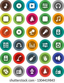 White Solid Icon Set- bell vector, music, disk, hit, microphone, radio, speaker, equalizer, headphones, play button, forward, backward, rec, jack
