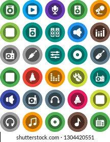 White Solid Icon Set- bell vector, music, disk, hit, microphone, radio, speaker, equalizer, headphones, play button, forward, backward, rec, jack
