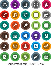 White Solid Icon Set- bell vector, music, disk, hit, microphone, radio, speaker, equalizer, headphones, play button, forward, backward, rec, jack