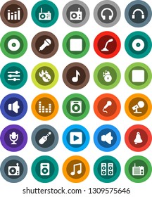White Solid Icon Set- bell vector, music, disk, hit, microphone, radio, speaker, equalizer, headphones, play button, forward, backward, jack