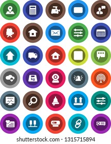 White Solid Icon Set- bell vector, calculator, arrow up, calendar, heart monitor, map pin, top sign, weight, antenna, video camera, speaking man, link, mail, rec button, diagnostic, server, message