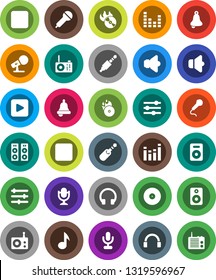 White Solid Icon Set- bell vector, music, disk, hit, microphone, radio, speaker, equalizer, headphones, play button, backward, rec, jack