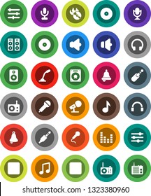 White Solid Icon Set- bell vector, music, disk, hit, microphone, radio, speaker, equalizer, headphones, backward button, rec, jack