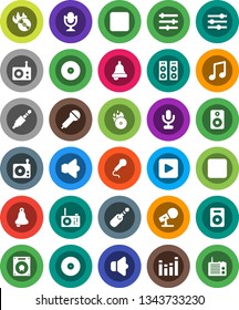 White Solid Icon Set- bell vector, music, disk, hit, microphone, radio, speaker, equalizer, play button, forward, backward, jack