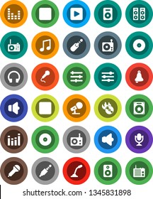 White Solid Icon Set- bell vector, music, disk, hit, microphone, radio, speaker, equalizer, headphones, play button, forward, rec, jack