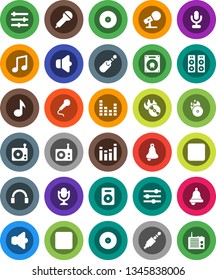White Solid Icon Set- bell vector, music, disk, hit, microphone, radio, speaker, equalizer, headphones, backward button, rec, jack
